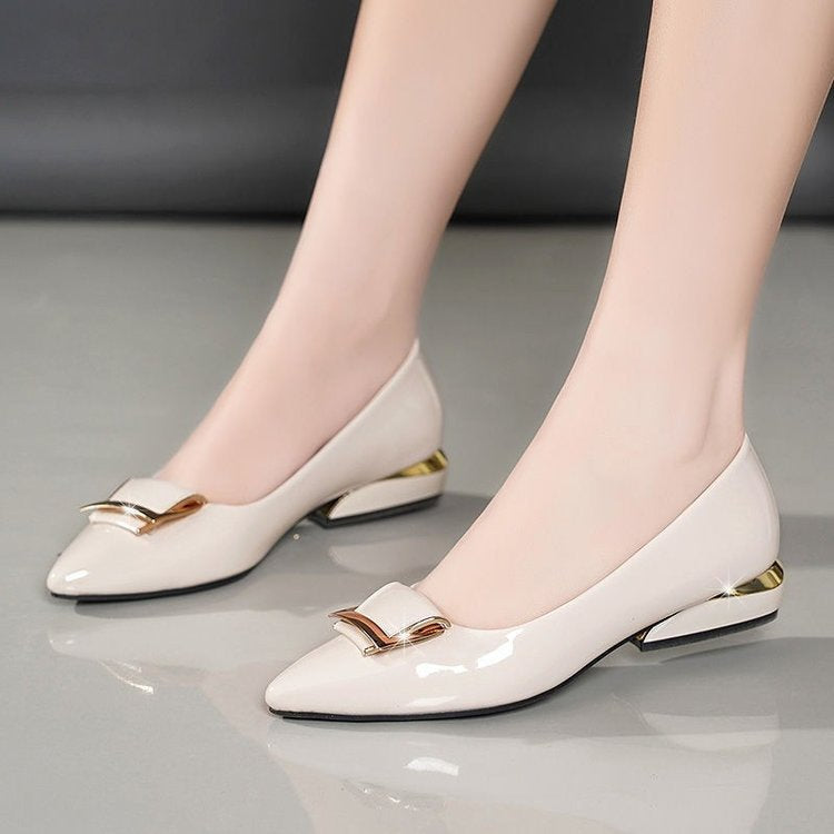 Womens Mid-heel Chunky-heel Soft-soled Low-cut Soft-leather Pumps