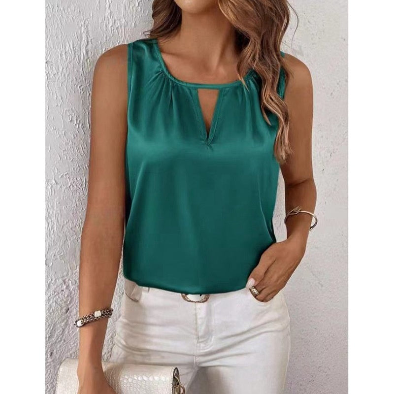 Ruched Satin Sleeveless Top With Cutout Details