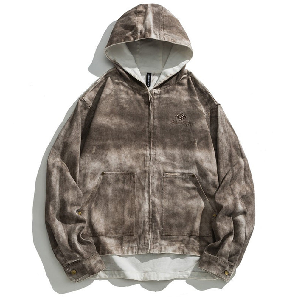 Waste Soil Wind Ripped Distressed Dirty Denim Hooded Jacket