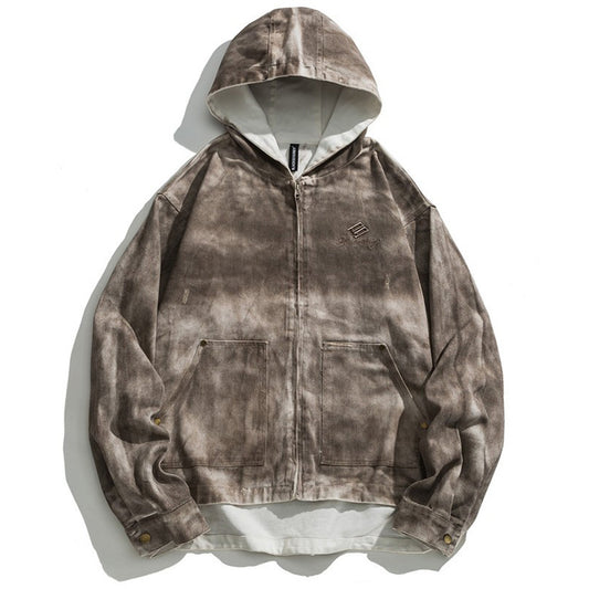 Waste Soil Wind Ripped Distressed Dirty Denim Hooded Jacket