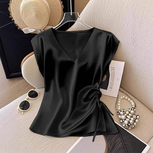 Womens Solid-Color Casual Satin V-Neck Top With Drawstring Hem