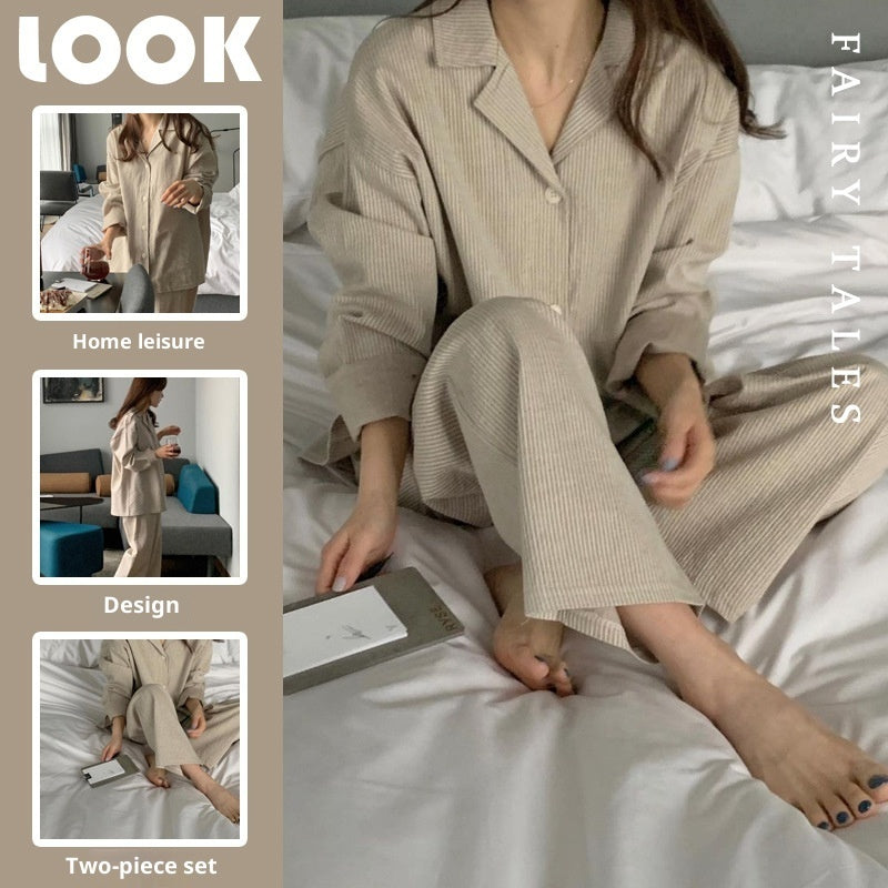 Simple Stripe Long Sleeve Women's Casual Loose Home Suit