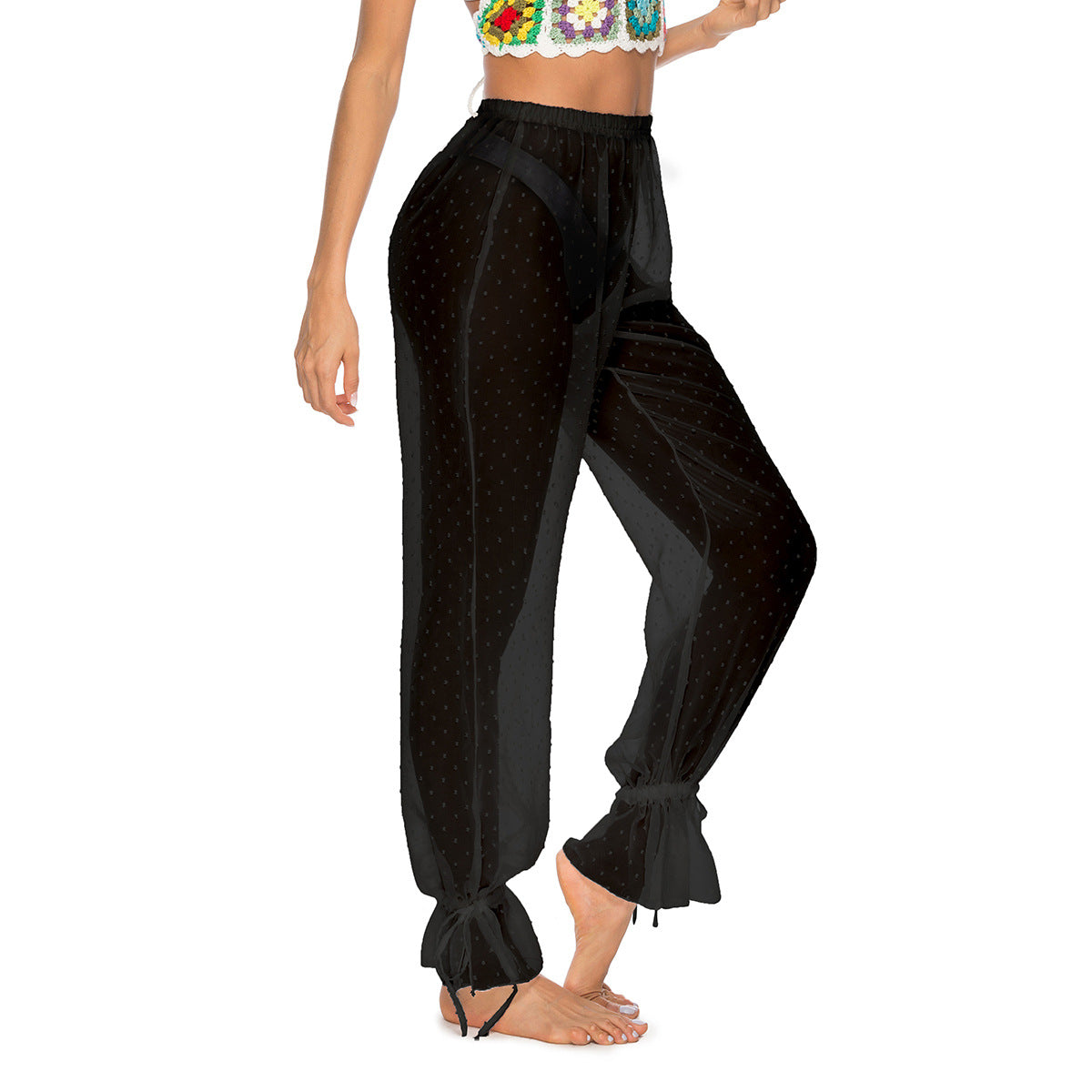 Women's Mesh Jacquard Ankle Banded Pants Slightly Transparent
