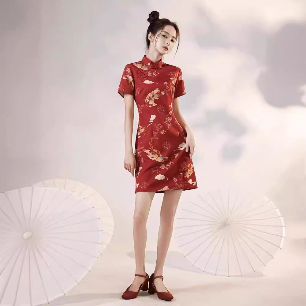 Womens Casual Retro Red Printed Dress