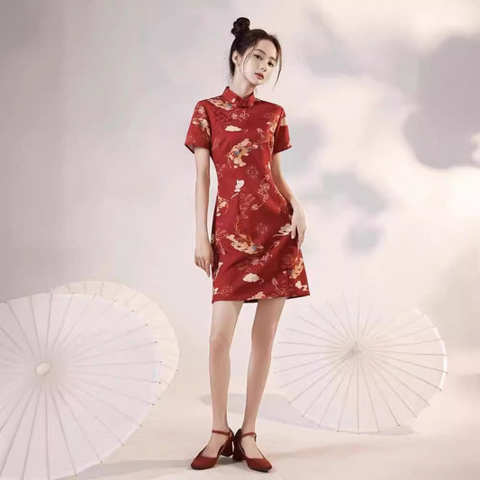 Womens Casual Retro Red Printed Dress