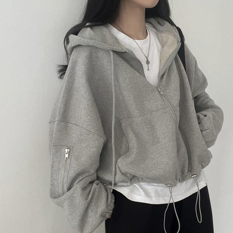 Women's Large Pocket Zipper Design Loose Casual Drawstring Hoodie Coat