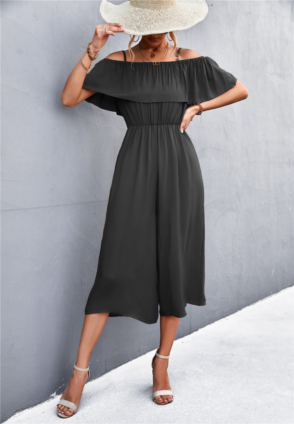 Solid Color One-Shoulder Loose Casual Sling Jumpsuit