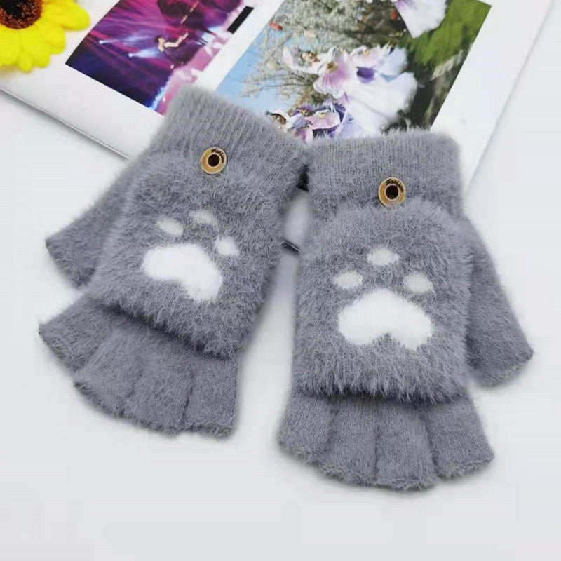 Gloves Women's Warm Cute Half Finger Gloves Imitation Mink Cat Claw Flip Yarn Fingerless Gloves