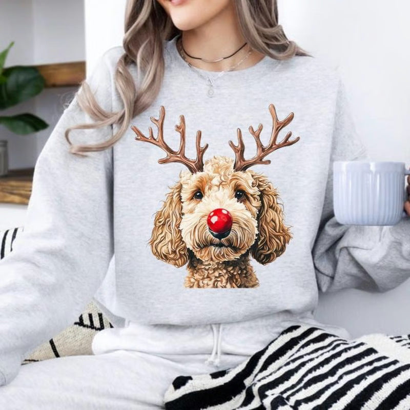 Dame Julesweatshirt med Rund Hals og Kreativt Rensdyr-Hundemotiv
