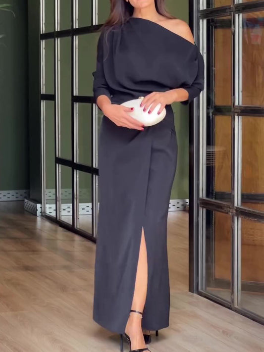 One-Shoulder Metal Buckle High Slit Dress