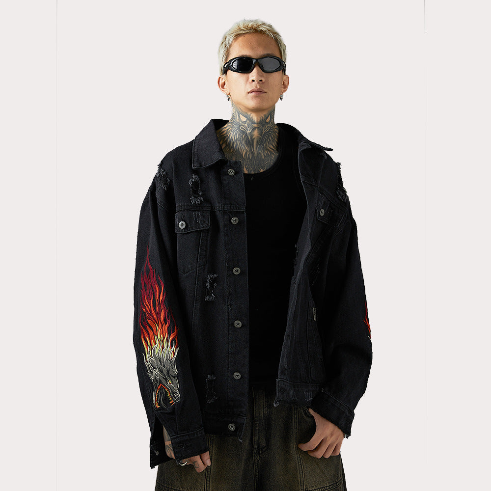 Faucet Zodiac Needle Embroidery Denim Jacket Men's High Street National Fashion Design Sense Ripped Jacket
