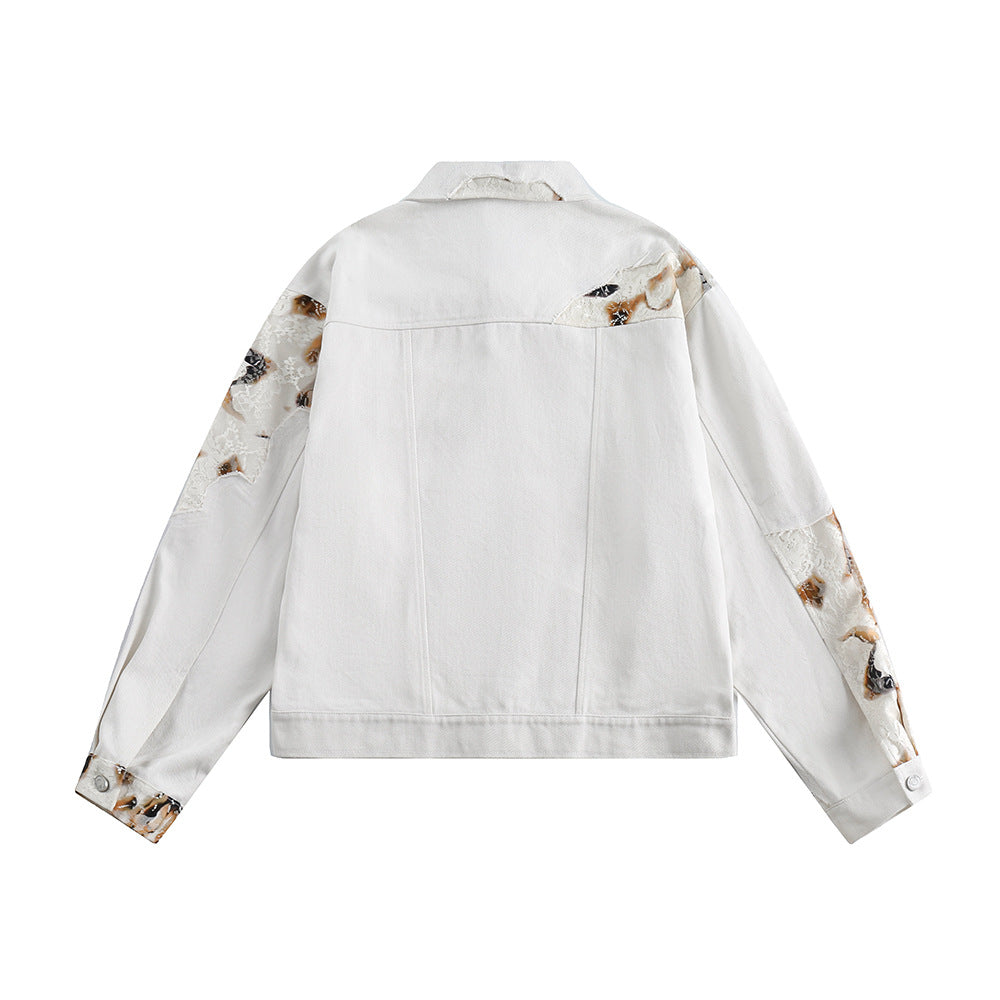Embroidered Lace Patchwork Denim Jacket Men