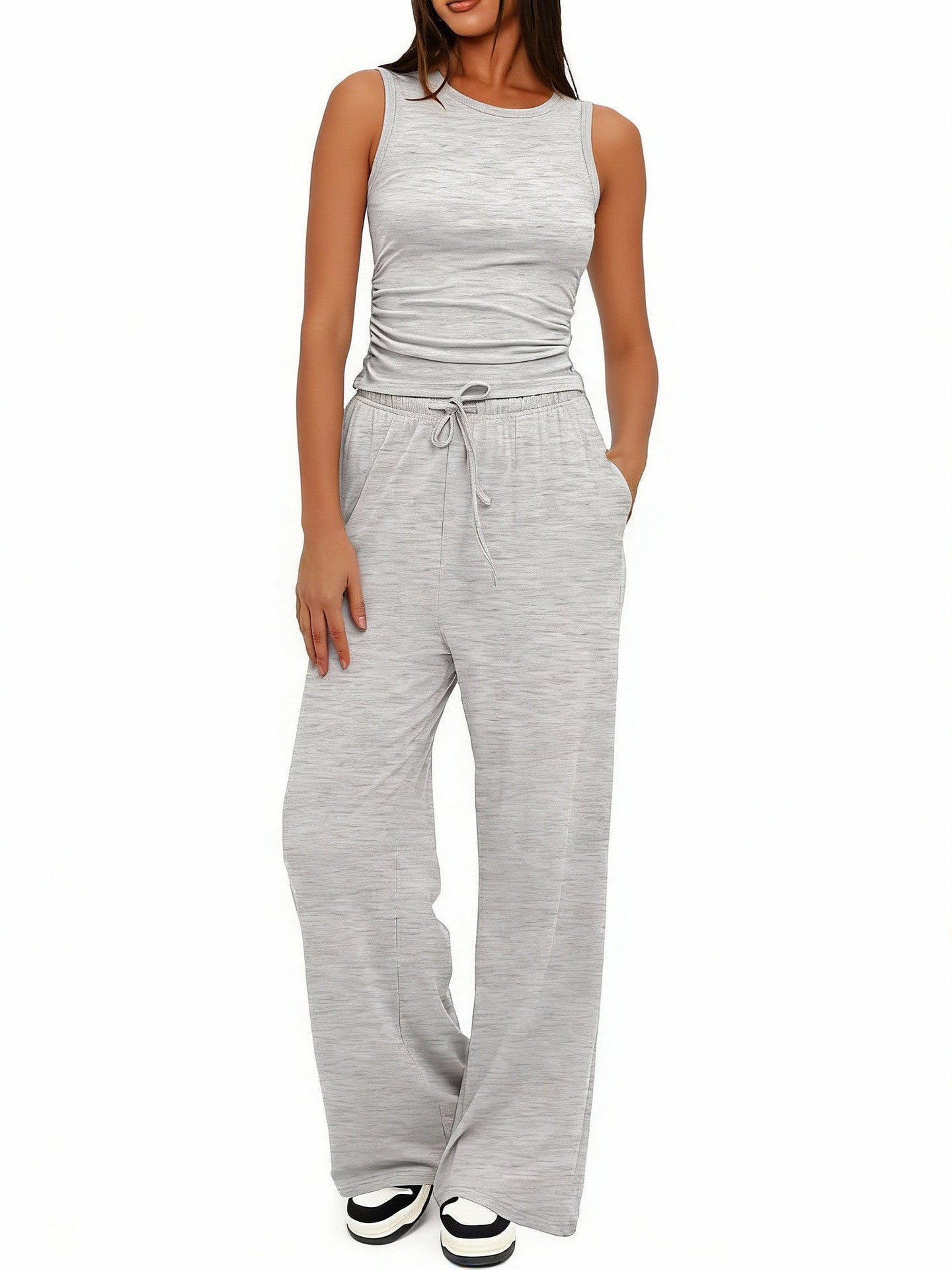 Sleeveless Crewneck Pleated Vest And High-waisted Wide-leg Pants Set