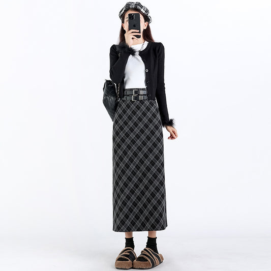 College Style High Waist Plaid Split A- Line Skirt