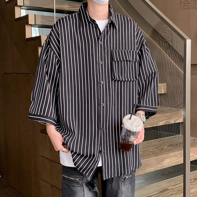 Striped Overalls Short Sleeve Shirt Men's Loose Shirt