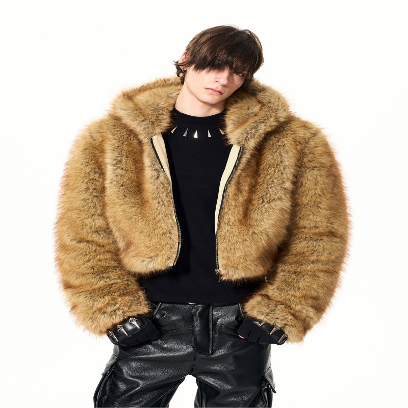 Mens Quilted Thickened Warm Faux Mink Fur Hooded Coat
