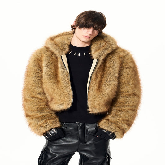 Mens Quilted Thickened Warm Faux Mink Fur Hooded Coat