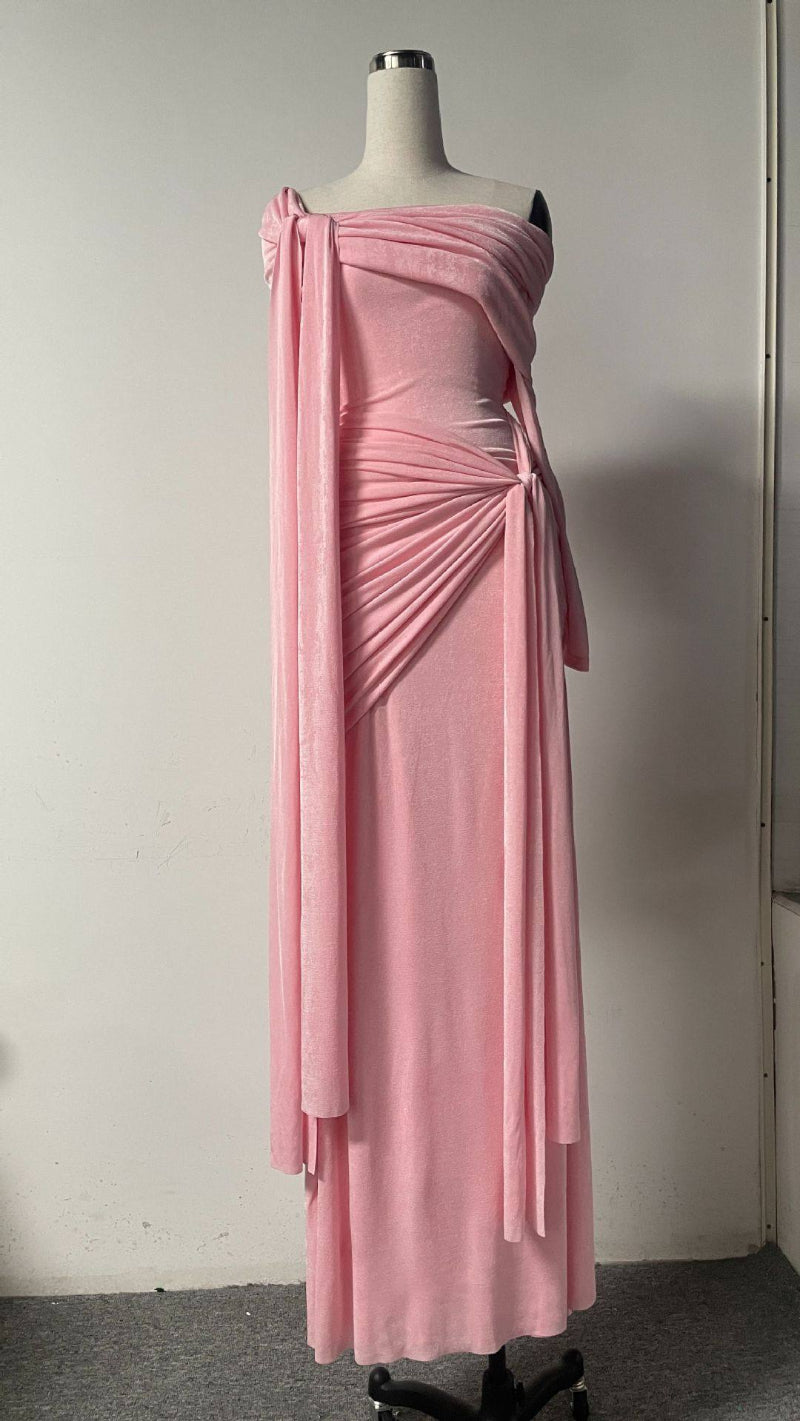 Rare Flowy Yellow Spliced Off-shoulder Dress With Irregular Pleats And Draped Shoulder Detailing