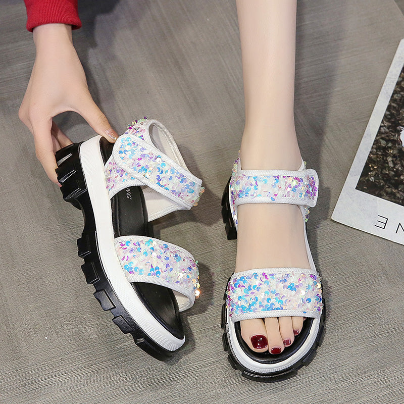Daddy Sports Sandals Women's Sequined Sponge Cake Thick-soled Velcro Beach Sandals