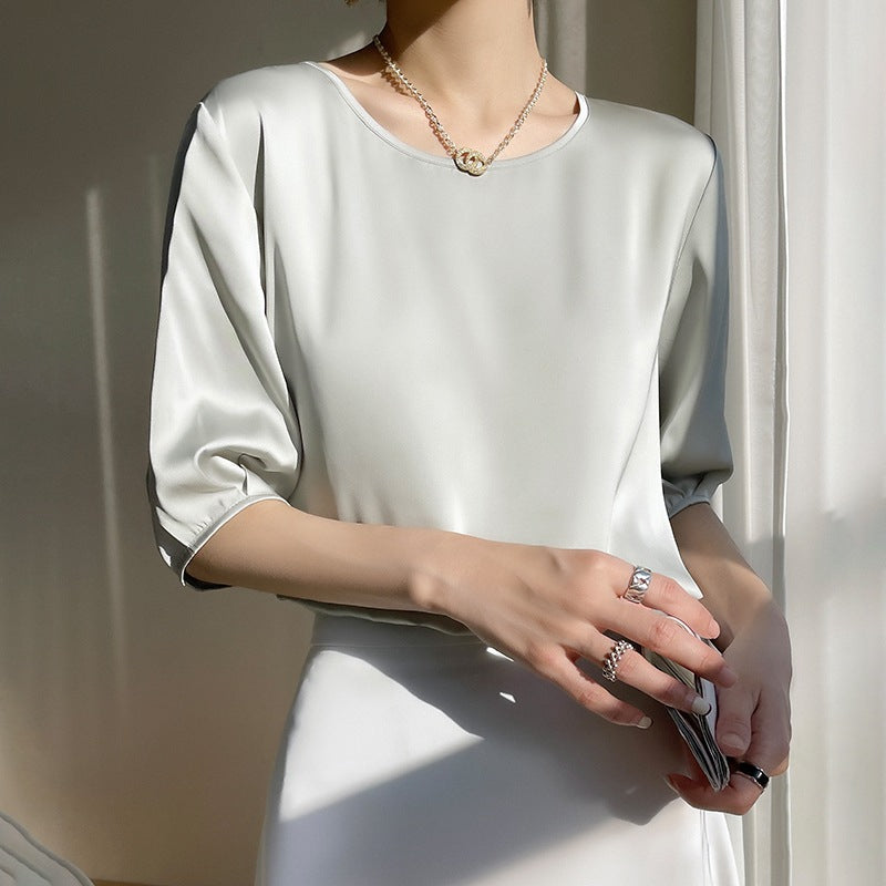 Dame Rund Hals Morbærsilke Løs Satin Kort Is-silke T-shirt Top