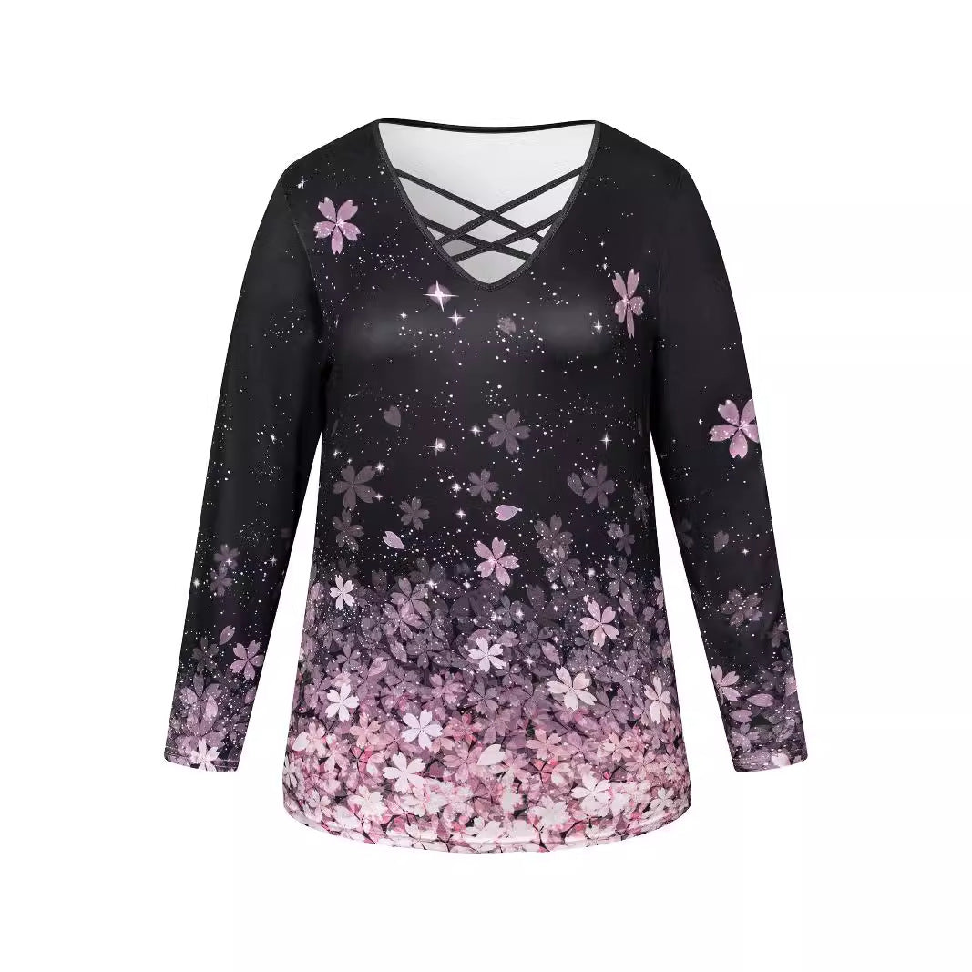 Store Størrelser Dame Cross Collar Print Lang T-shirt