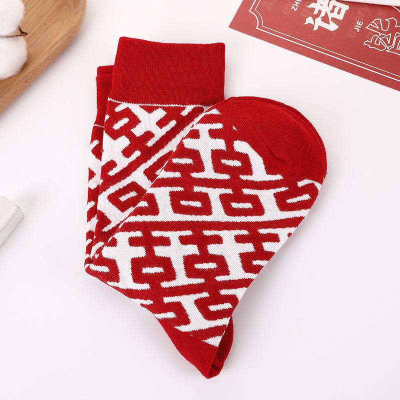 Autumn And Winter Big Red Double Happy Character Printed Stockings