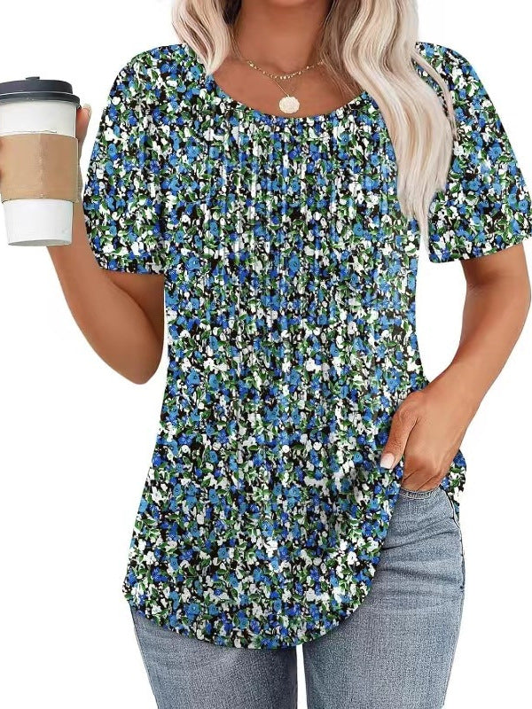 Round Neck Pleated Printed T-shirt