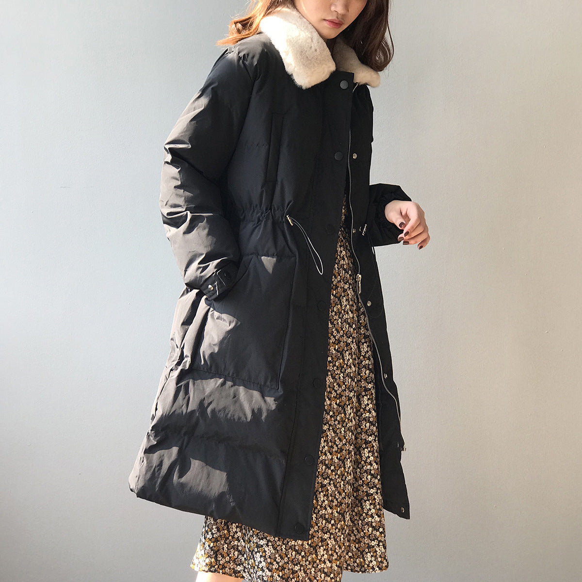 Rabbit Fur Collar Waist Drawstring Long Warm Cotton Jacket