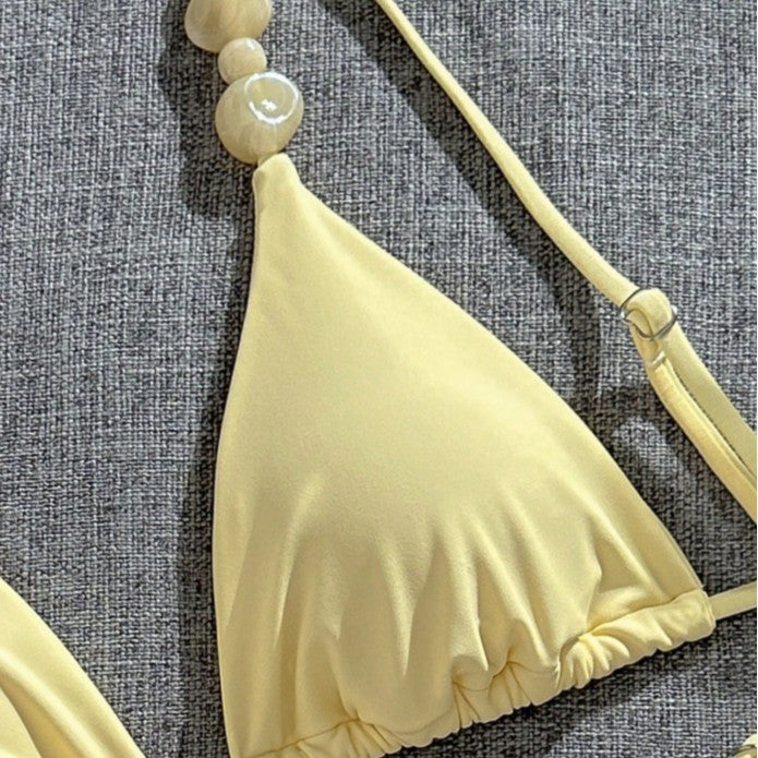 Solid Color Beaded Strap Sexy Two Piece Bikini Swimsuit For Women