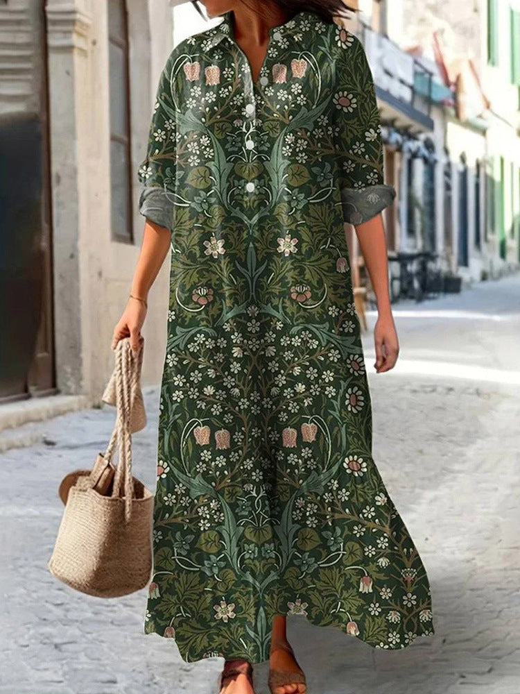 Womens Long-Sleeve Lapel-Neck Digital-Print Dress