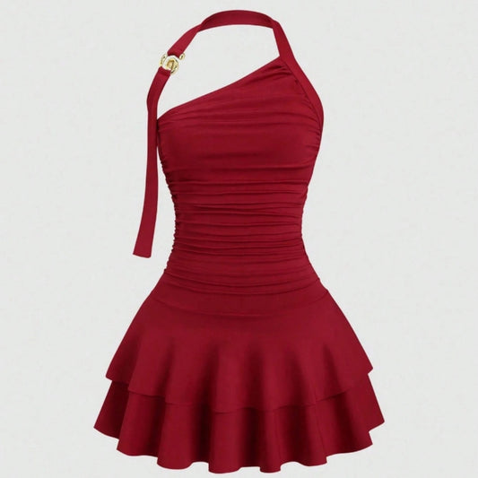 One-Shoulder Halterneck Slimming Waist-Cinching Pleated Skirt Pure And Alluring Versatile Off-Shoulder Dress
