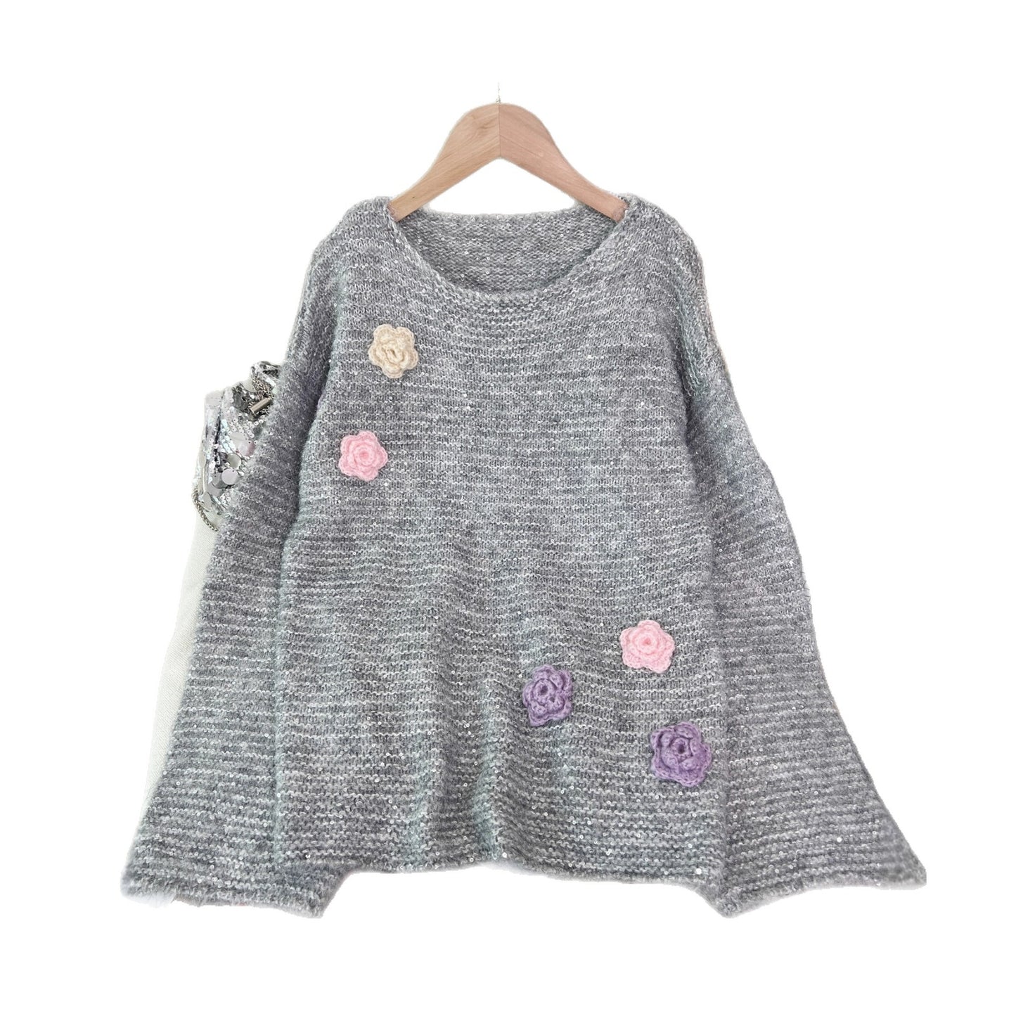 Sequined Knitted Pullover Round Neck Stitching Flower Fashion Sweater