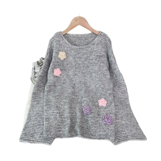 Sequined Knitted Pullover Round Neck Stitching Flower Fashion Sweater