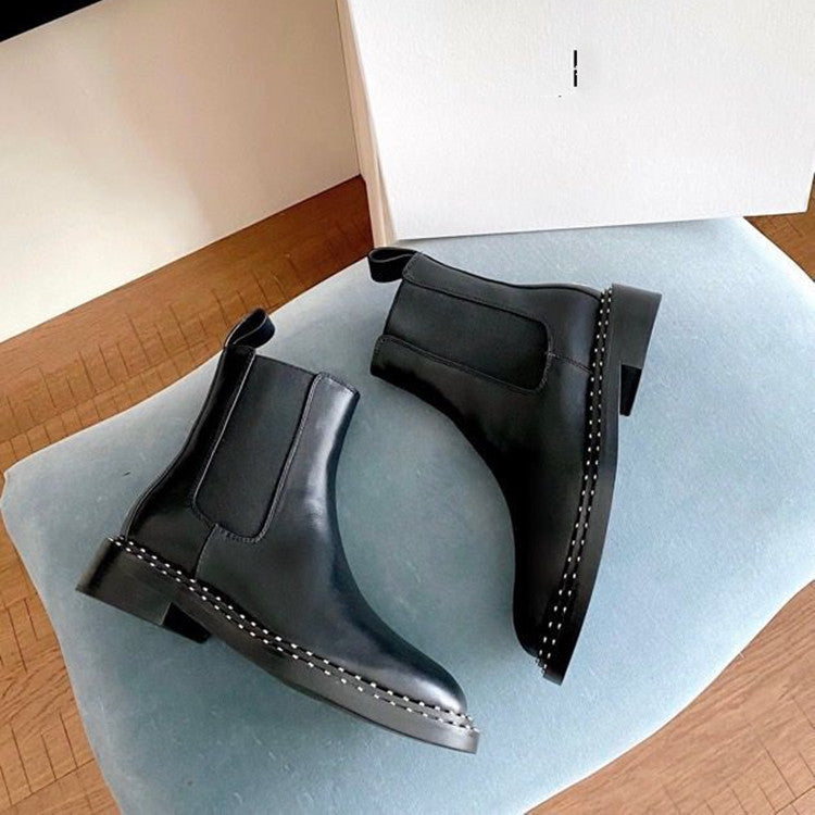 Flat Short British Style Studded Leather Women's Boots