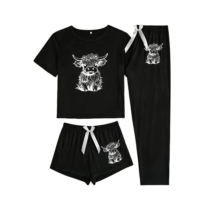 Western Bull Head Print 3-Piece Short-Sleeve Shorts Set