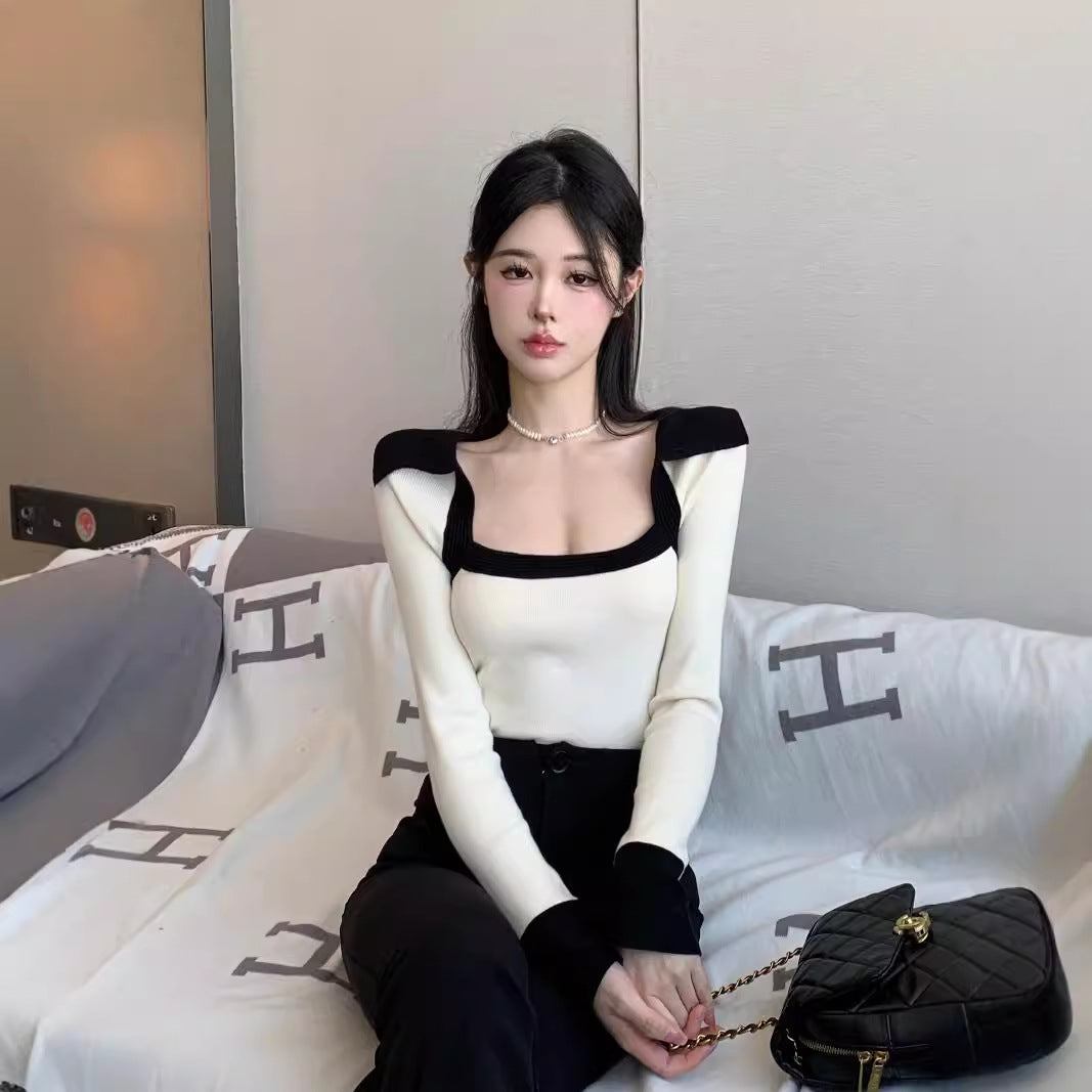 Women's Contrast Color Square Collar Long Sleeve Knitwear