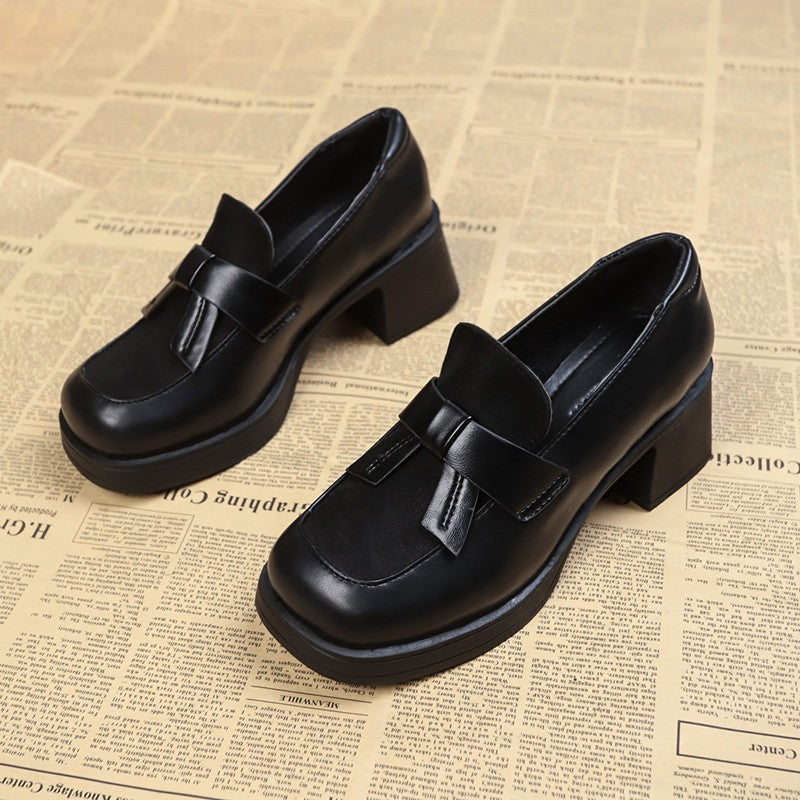 British Style Women's Women's Thick Heel Brown Leather Shoes