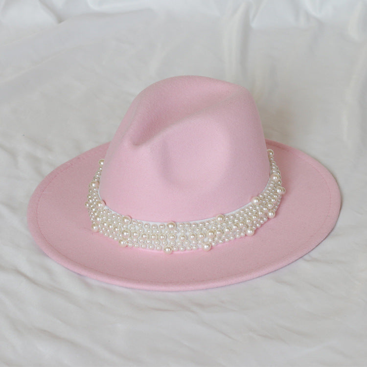 Handmade Pearl Top Hat Big Brim Fur Felt Hat