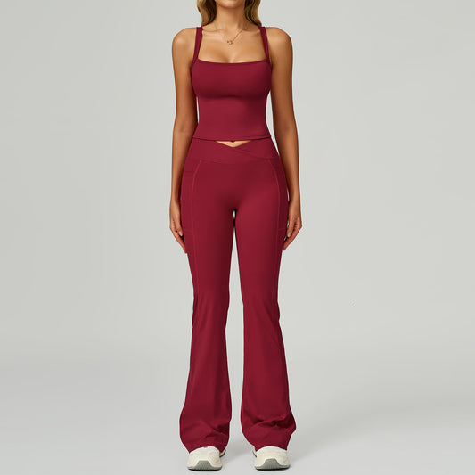 Womens Solid Color Casual Yoga Top And Pants Set