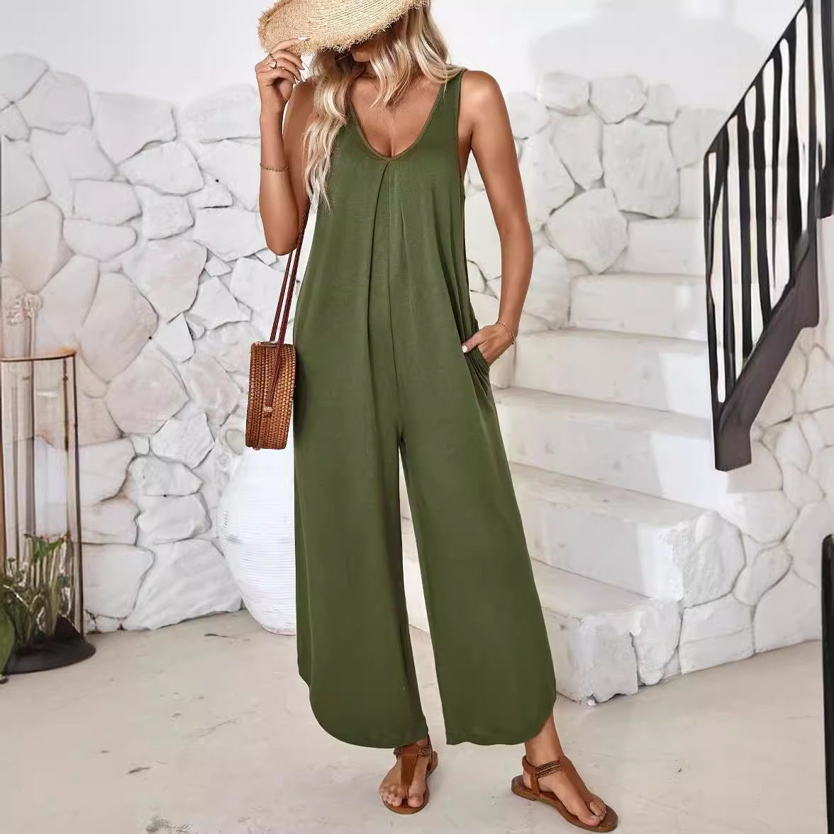 Women's Casual Sleeveless V-neck Pocket Wide Leg Jumpsuit