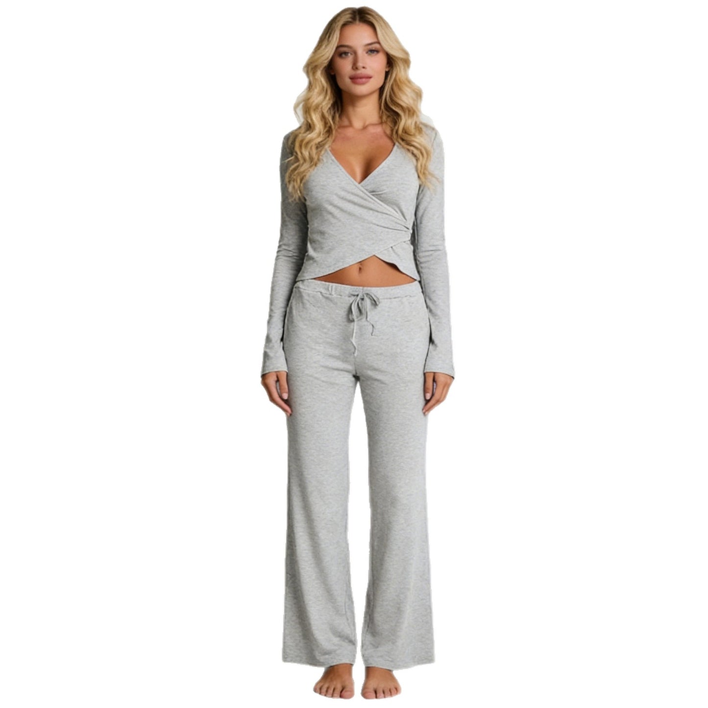 Deep-V Strap Long-sleeve Pants Pajama Set