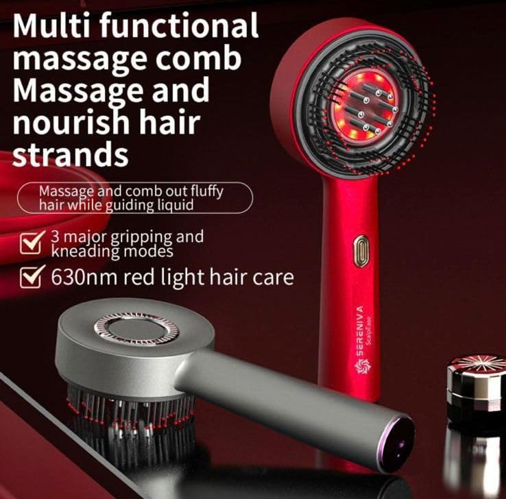 SERENIVA ScalpEase elektrisk hårbottenmassage med röd ljusterapi | Håroljeapplikator & hårväxtborste | Mikroströmsteknik, 3 massagelägen och 6 ml oljedispenser (röd)