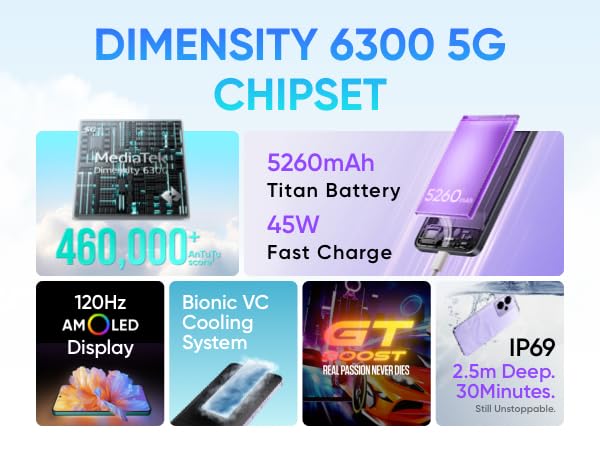 realme 14T smartphone 5g, 8+256 GB, 5260 mAh batteri, dimensity 6300 chipsats, IP69-vattentät, 50 MP-kamera, 120 Hz skärm med ögonvänlig effekt, lila, Amazon exklusiv (utan adapter)