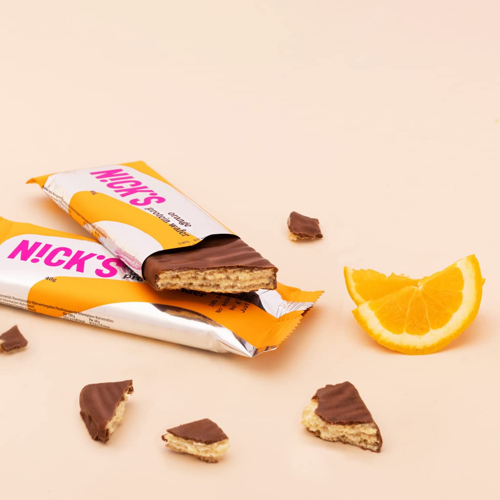 NICKS Protein Wafer Bar | 25% Protein | 203 Calories | Low carb Choklad Kexbar Snack utan tillsatt socker, glutenfri (Orange, (24x40g))