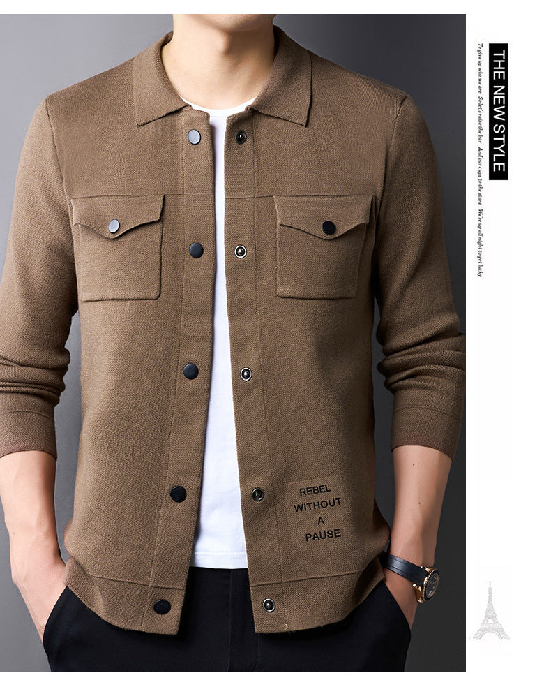 Ungdom Casual Efterår Herre Strikket Cardigan Ægte Lomme Sweater Britisk Overtøj