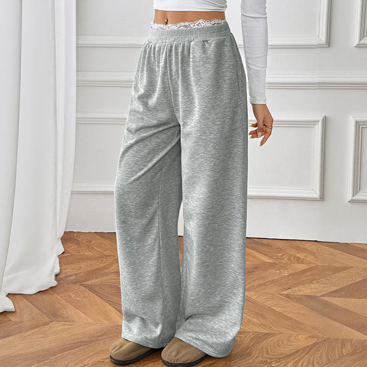 Lace Stitching Fake Two Pieces Casual Straight Trousers Women