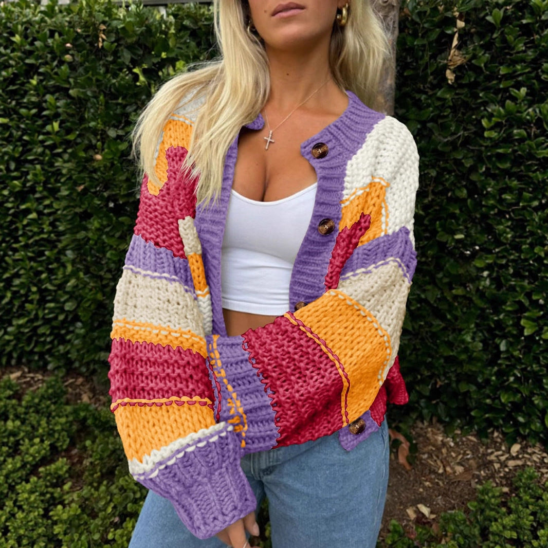 Strikket Cardigan til Damer med Striber og Knapper