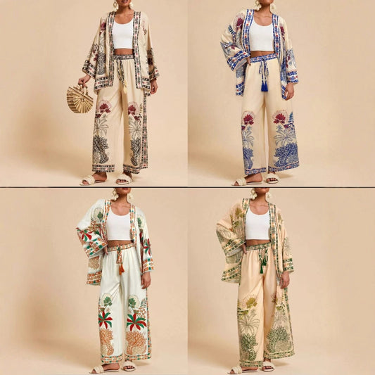 Fashion Vacation Style Printed Cardigan Long Sleeve Wide Leg Pants Two-piece Set