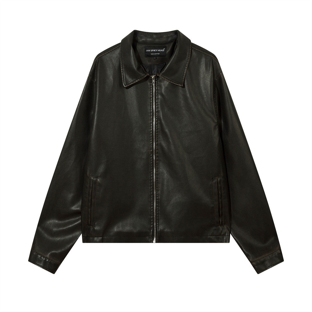 Solid Color PU Leather Coat Men