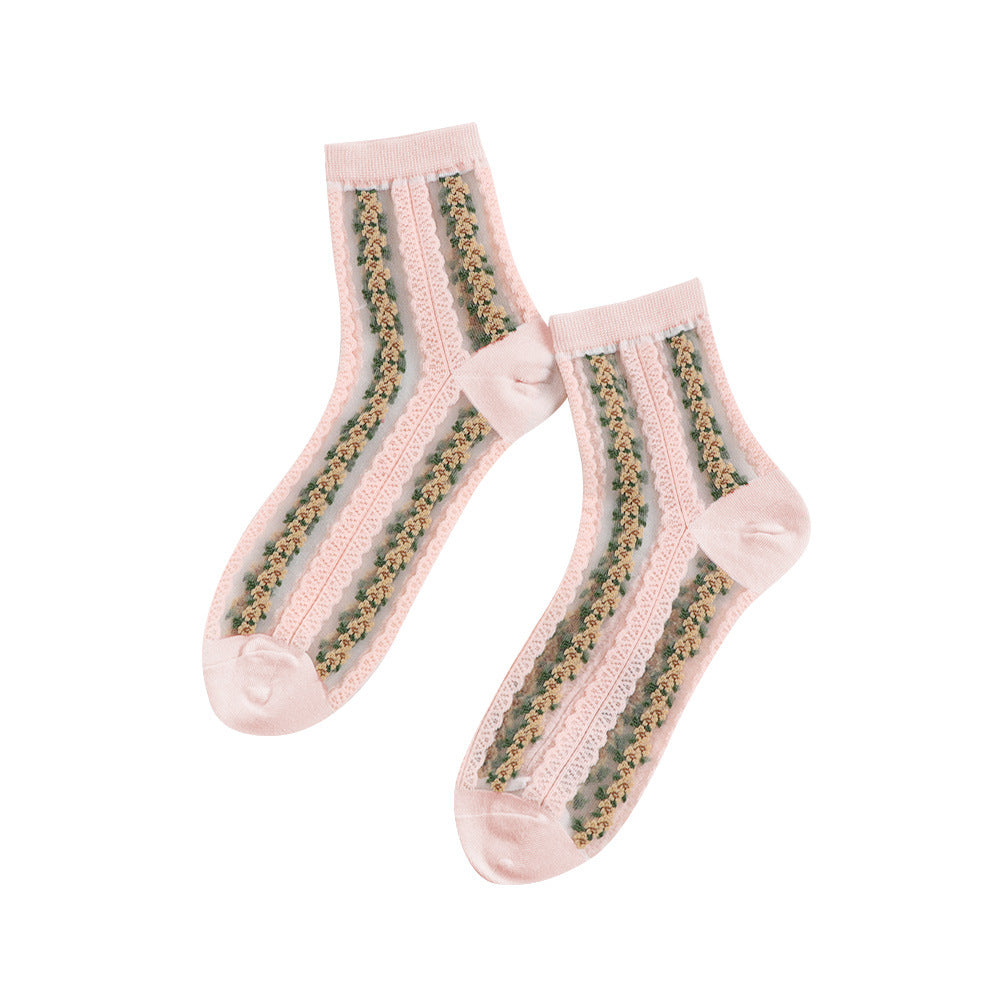 Women's Mid-calf Ins Fashionable Small Floral Transparent Spun Glass Summer Thin Stockings